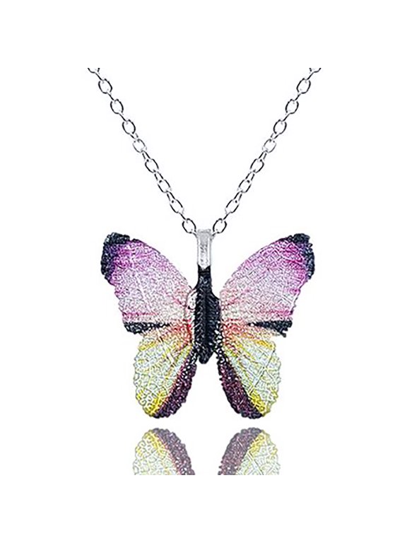 Inc Real Leaf Pink and Yellow Butterfly Pendant Necklace for Women, Teens