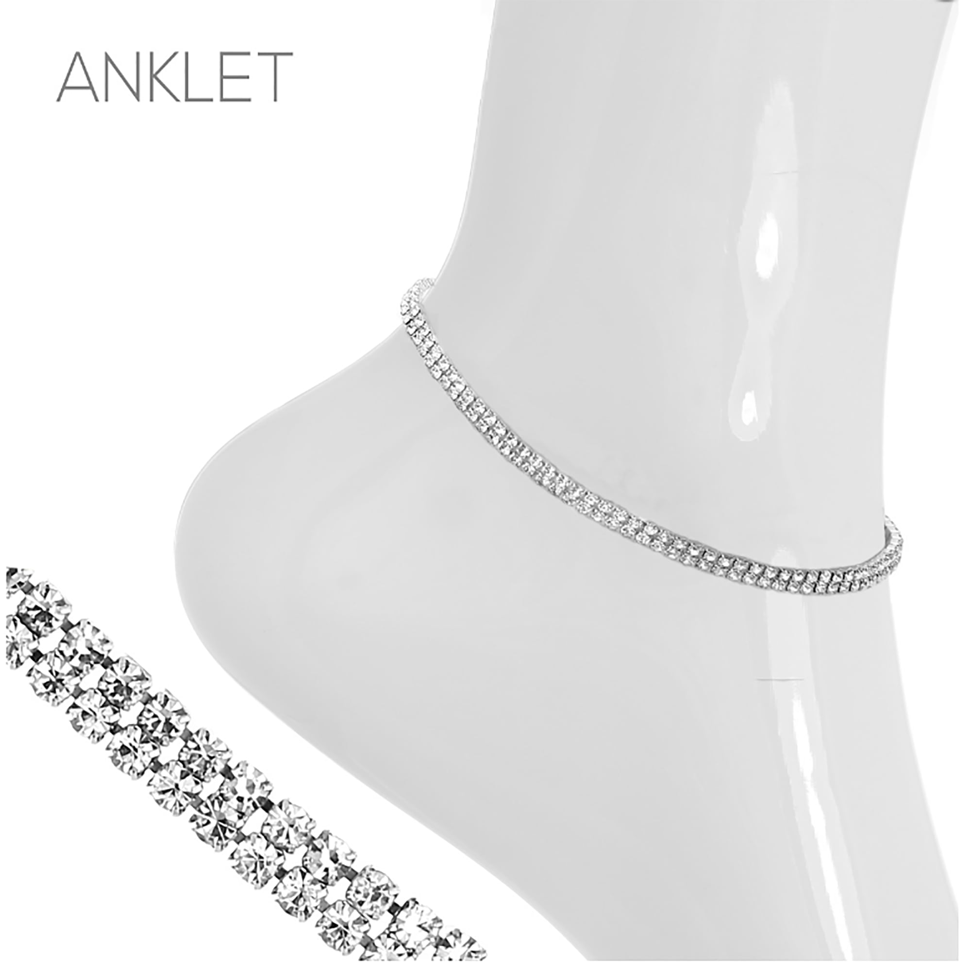Blue Box Boutique Inc Rhodium Plated Double Row Crystal Anklet for Women, Teens, Bridal