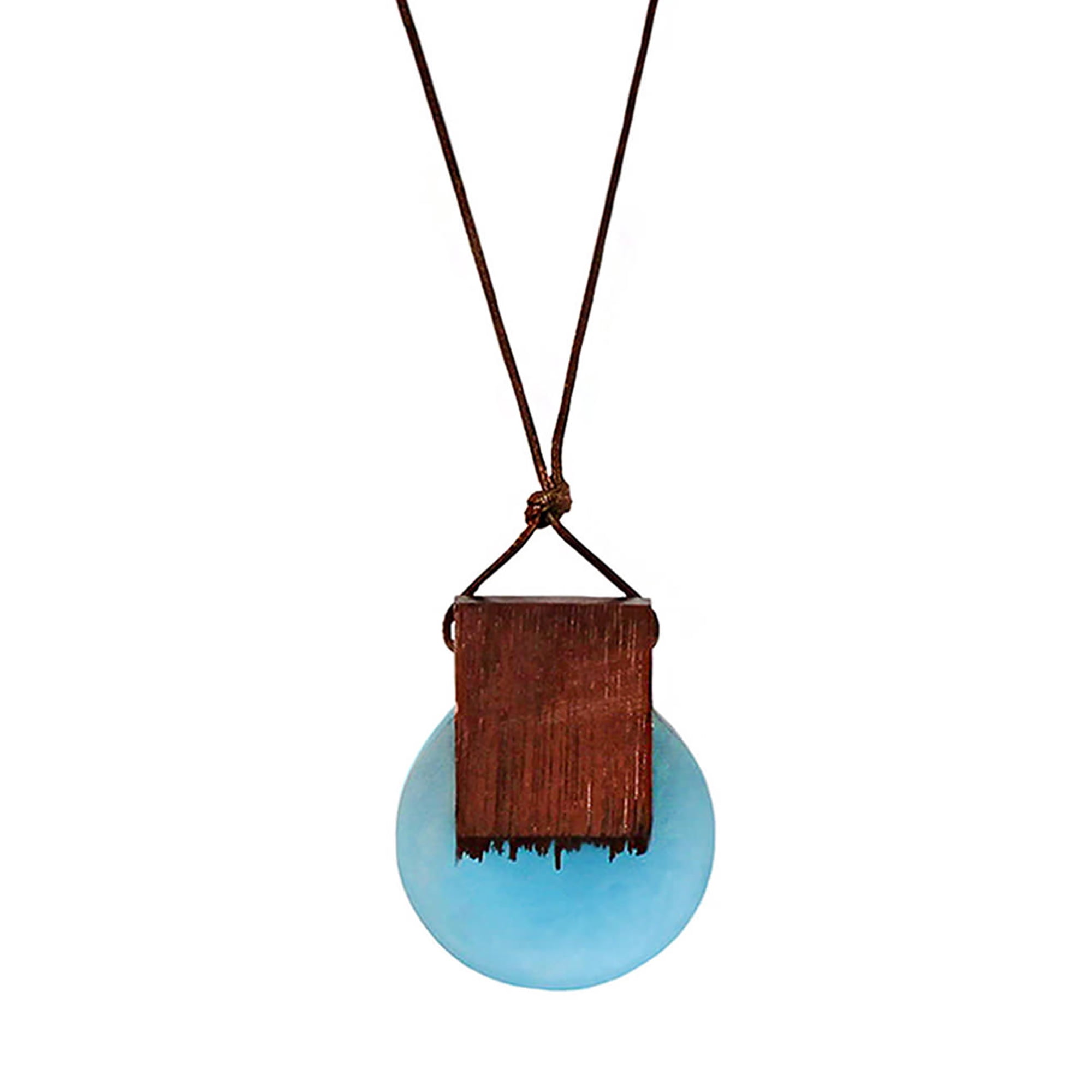 Blue Box Boutique Inc Round Aqua Resin Wood Leather Cord Necklace for Women, Teens | Wood Anniversary Gift