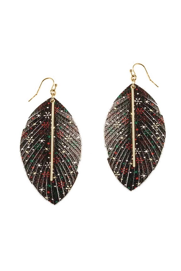 Inc Vegan Leather Feathered Snowflake Print Dangle Earrings for Women, Teens