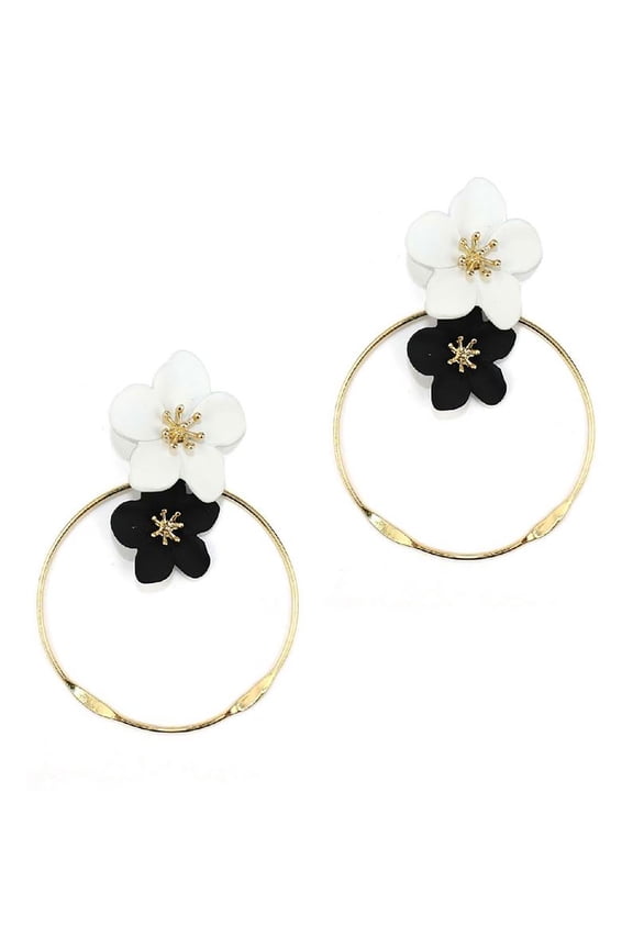 Inc White Black Floral Gold Open Circle Drop Earrings for Women, Teens