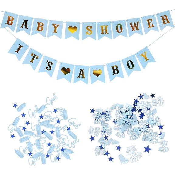 Blue Boy Baby Shower Confetti And Banner Set, Glitter Confetti With Banners, Baby Shower Decorations For Baby Boy Shower Gender Reveal Party Birthday Supplies