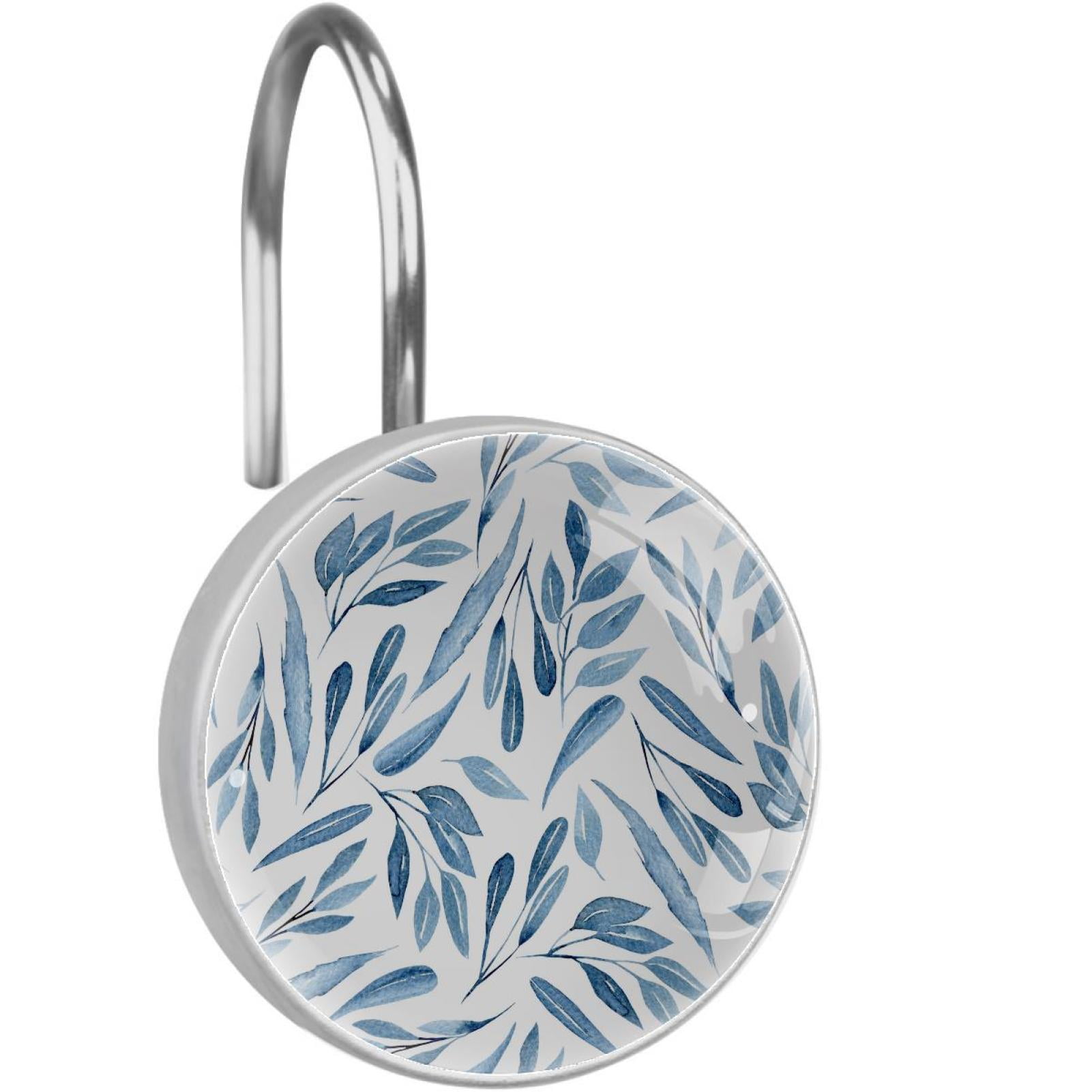Blue Branches Leaves Shower Curtain Hooks（Set of 12）for Home Hotel Shower Rods Bathroom Crystal Glass Print Stainless Steel Round Curtain Hooks