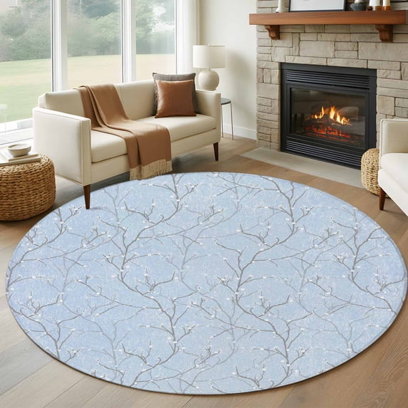 Blue Branches Round Rug 6ft Washable Circle Kitchen Rugs Non Slip Vintage Art Farmhouse Large Area Rug Indoor Floor Carpet for Bedroom Living Room Home Office Dining Room Nursery