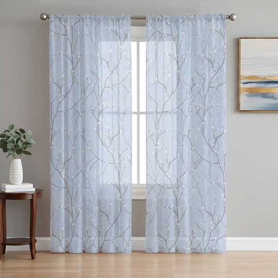Blue Branches Sheer Curtains 72 Inch Length 2 Panels Set, Vintage Art Farmhouse Voile Window Treatment Rod Pocket Curtains Sheers Drapes for Bedroom/Living Room/Kitchen 52"x72"x2