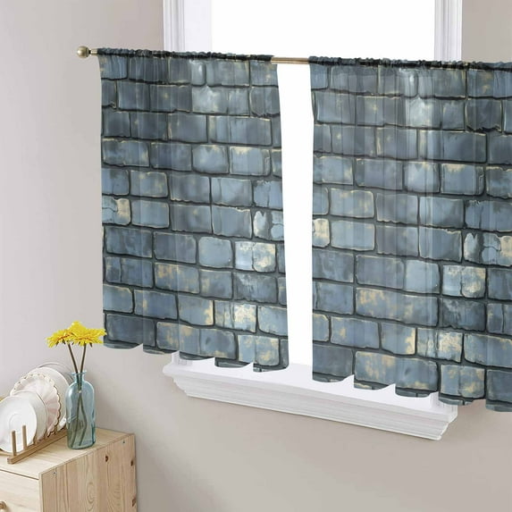 Blue Brick Wall Sheer Curtains 54 Inches Length 2 Panels Set, Window Sheer Curtains for Living Room/Bedroom, Retro Traditional Shabby Chic Tile Light Filtering Rod Pocket Curtain 52'' x 54'' x 2