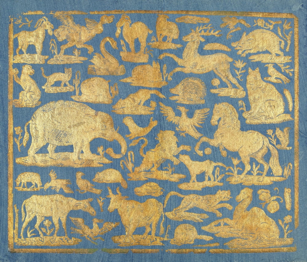Blue Brocade Paper Decorated With Gold Animals Canvas Art - (24 x 18)