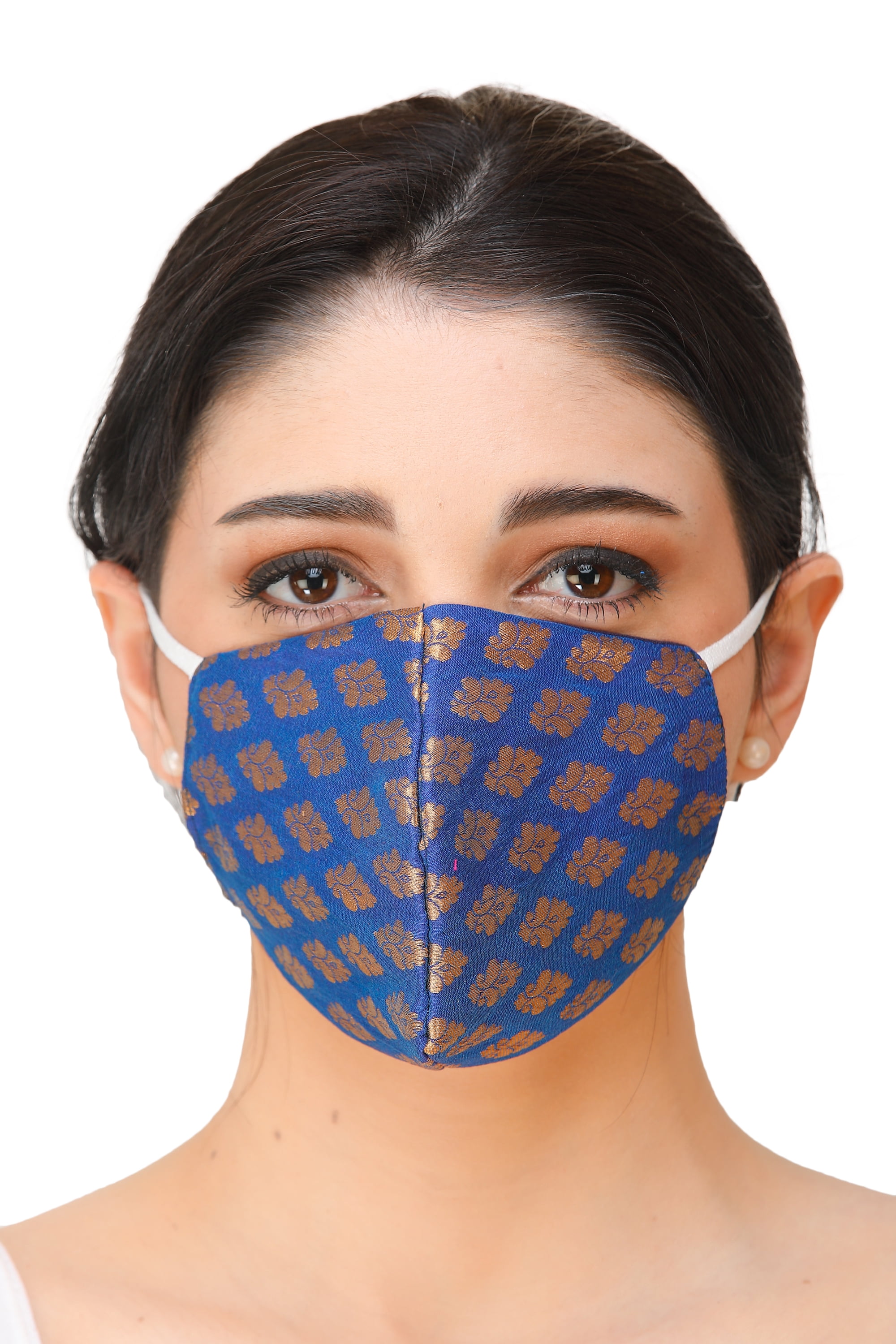 Blue Brocade Two Ply Fashion Mask from Banaras with Woven Flowers and ...