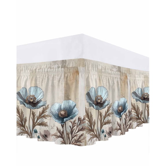 Blue Broccoli Bed Skirt King Size 16" Drop Rustic Farmhouse Floral Retro Brown Plant Ruffled Wrap Around Bed Skirts Adjustable Elastic Bedskirt Dust Ruffle for King Size Bed