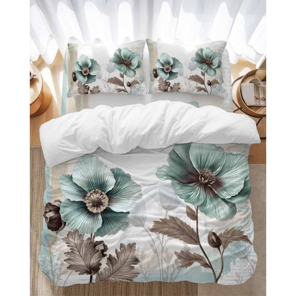 Blue Broccoli Bedding Duvet Cover Set Full Size 4 Pieces Vintage Victorian Style Flowers Bedding Set with Zipper Closure, 1 Comforter Cover 86x86 Inches 1 Flat Sheet & 2 Pillow Cases