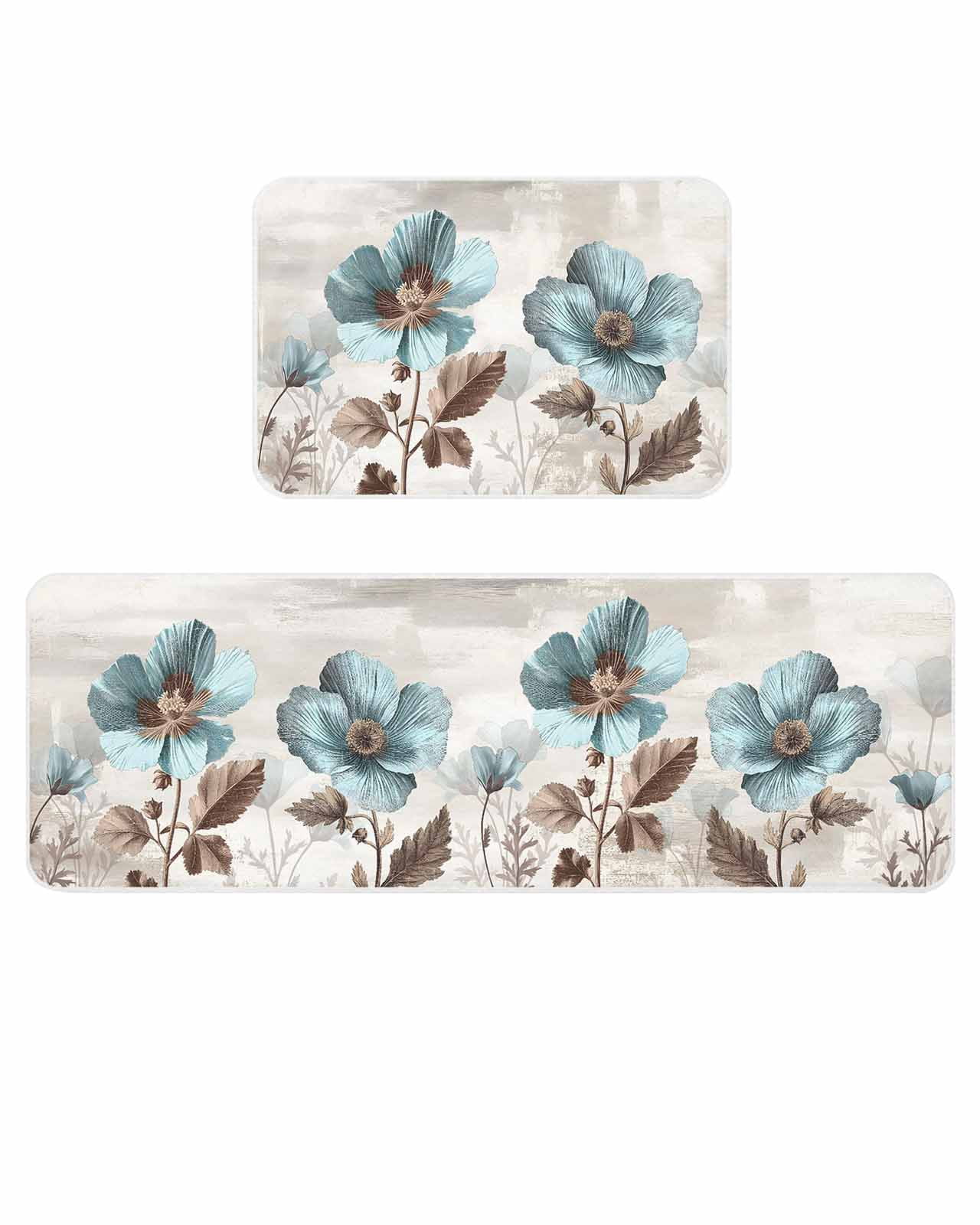 Blue Broccoli Kitchen Mats for Floor 2 Piece, Farmhouse Rustic Floral ...
