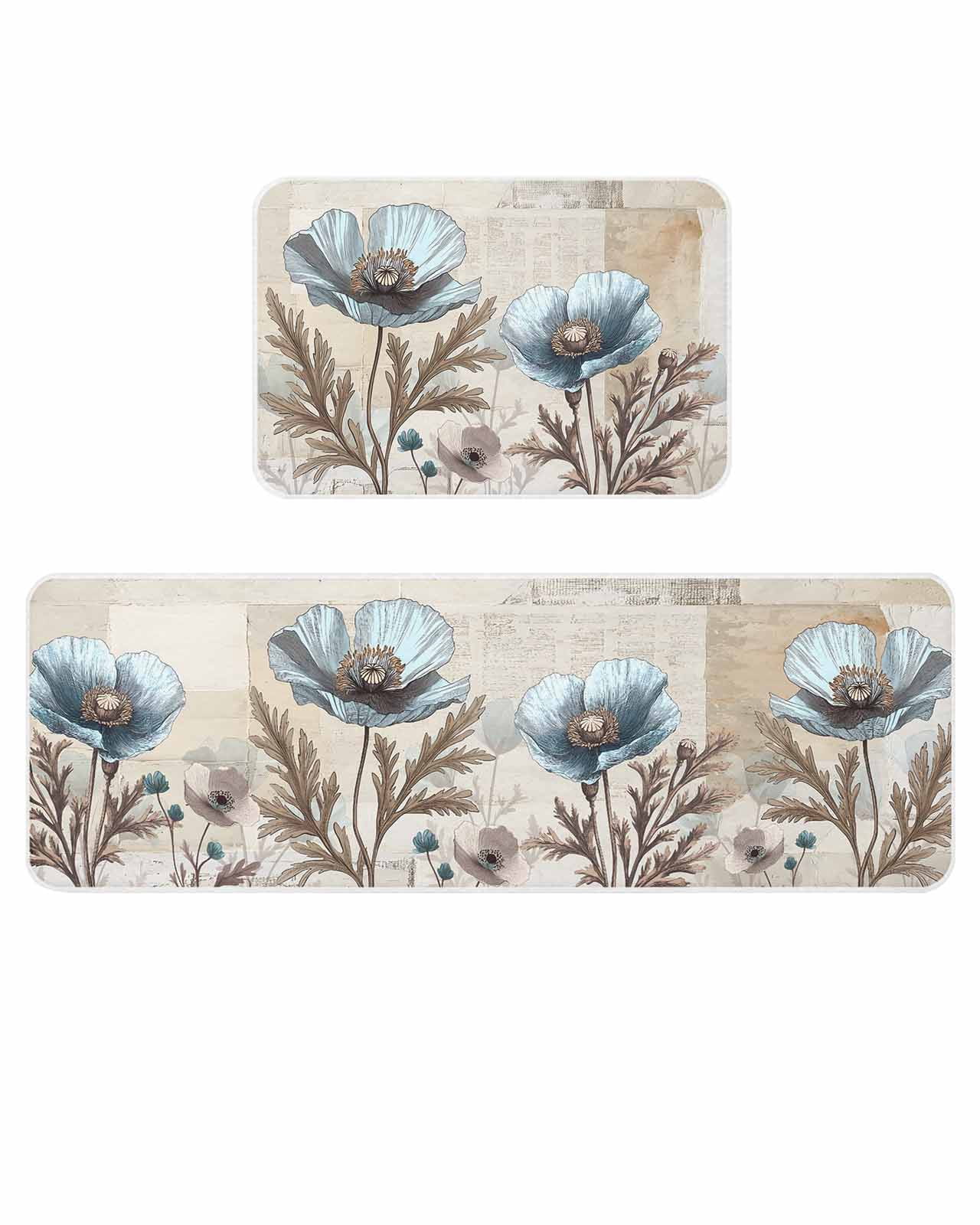 Blue Broccoli Kitchen Mats for Floor 2 Piece, Rustic Farmhouse Floral ...