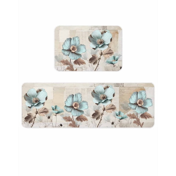 Blue Broccoli Kitchen Mats for Floor 2 Piece, Vintage Flowers Victorian Style Absorbent Non-Slip Kitchen Rugs Comfort Standing Mat for Laundry, Hallways 20"x24"+20"x48"