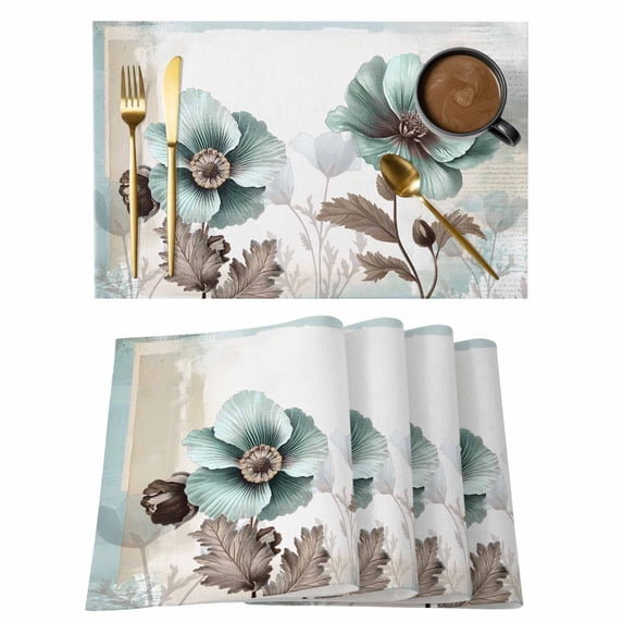 Blue Broccoli Placemats Set of 6, Vintage Victorian Style Flowers Non-Slip Place Mats Washable Table Mats for Kitchen Dining Table Decorations Indoor/Outdoor