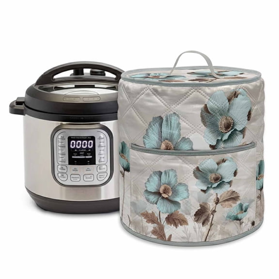Blue Broccoli Pressure Cooker Cover Farmhouse Rustic Floral Retro Brown Botanical Dust Cover for Kitchen Appliances with Top Handle & Storage Pockets, Fits 6 Quart Instant Pot, Air Fryer, Crock Pot
