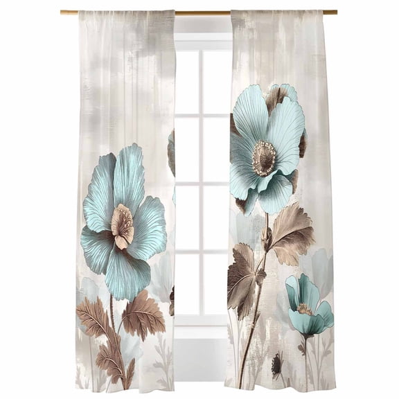 Blue Broccoli Sheer Curtains 108 inches Long 2 Panels Set Farmhouse Rustic Floral Retro Brown Botanical Sheer Window Curtain Rod Pocket Voile Drapes for Living Room/Bedroom, Each 52" W x 108" L
