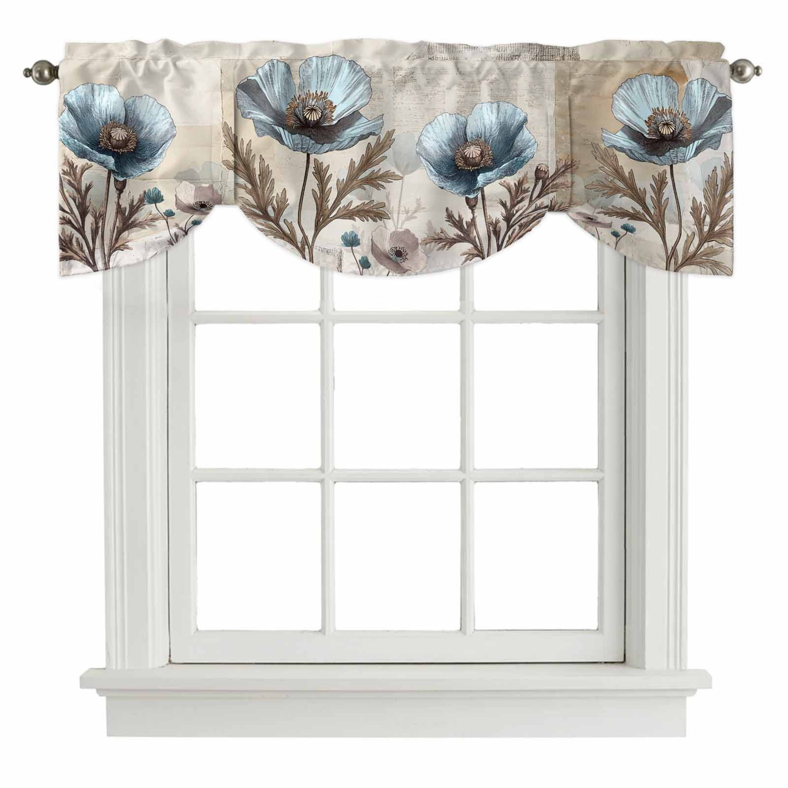 Blue Broccoli Tie Up Window Valance Rustic Farmhouse Floral Retro Brown ...