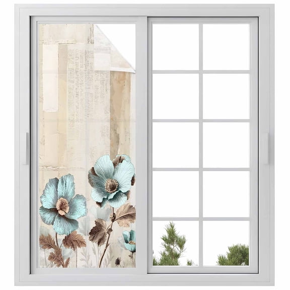 Blue Broccoli Window Privacy Film Vintage Flowers Victorian Style Decorative Glass Window Film UV Blocking Static Cling Non-Adhesive Sticker Covering for Home Door 23.6 x 59 inches