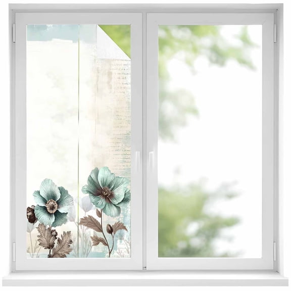 Blue Broccoli Window Privacy Film Vintage Victorian Style Flowers Decorative Glass Window Film UV Blocking Static Cling Non-Adhesive Sticker Covering for Home Door 17.7 x 39.3 inches