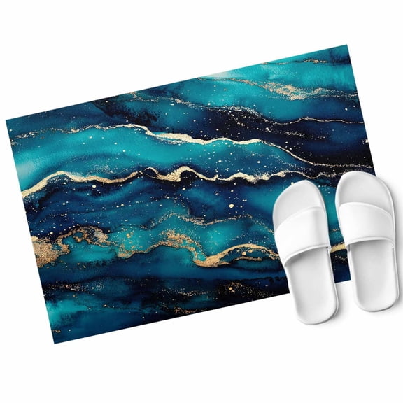 Blue Bronzing Marble Door Mat Fluid Modern Abstract Art Non Slip Absorbent Entrance Mat Washable Low Profile Indoor Doormat for Front Door Entryway Entry 16"x24"