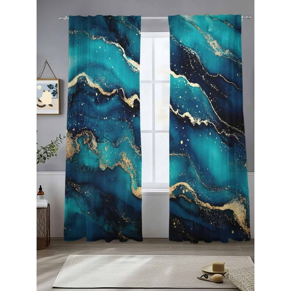 Blue Bronzing Marble Sheer Curtains 96 Inches Long 2 Panels Fluid Modern Abstract Art Light Filtering Semi Sheer Window Curtains Drapes for Bedroom Living Room 52"x96"