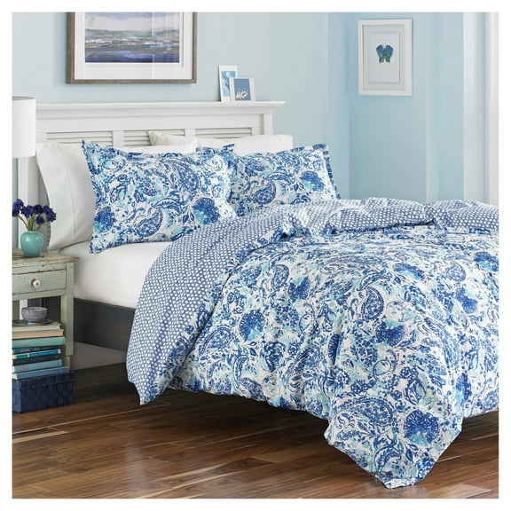 Blue Brooke Duvet Cover Set (Full/Queen): Cotton Material, Reversible, OEKO-TEX Certified, Zipper Closure
