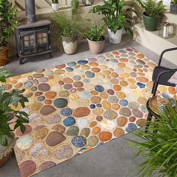 Blue Brown 3'x4' Stone Printed Indoor Outdoor Rug Boho 3D Visual Beach Theme Area Rug for Deck Porch Balcony Patio Waterproof Non Skid Floor Carpet Art Deco Washable Bathmat