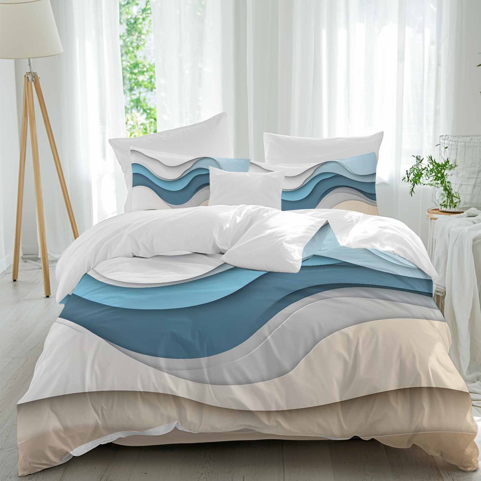 Blue Brown 4 Piece Duvet Cover Set California King Size Gradient Wave ...