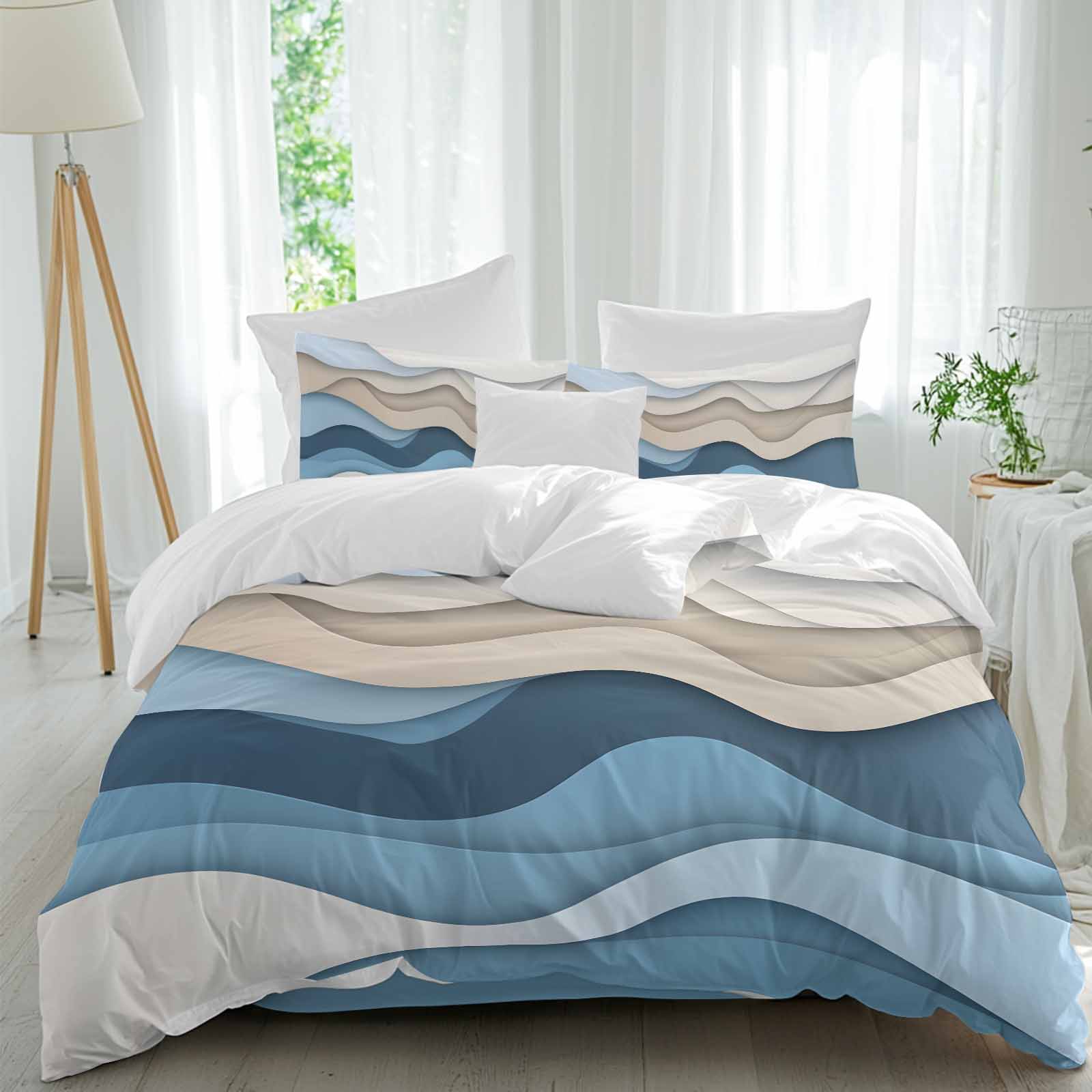Blue Brown 4 Piece Duvet Cover Set California King Size Wave Stripe ...