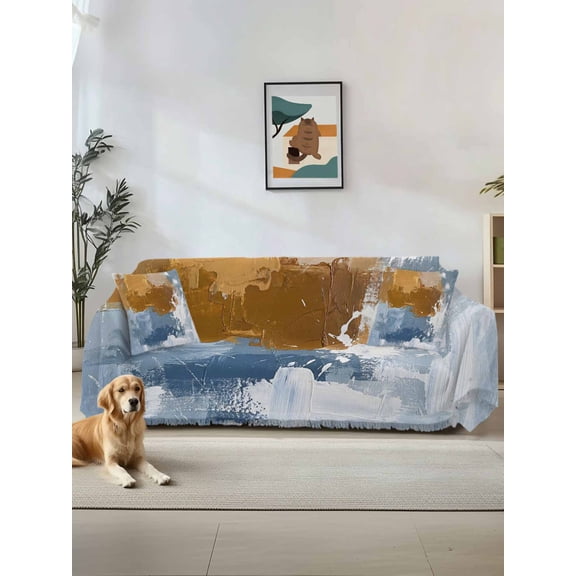 Blue Brown Abstract Couch Cover, Vintage Gradient Graffiti Oil Painiting Sofa Cover Blanket for Loveseat Couches, Sectional Sofa Slipcover Furniture Protector for Living Room Bedroom 71''x118''
