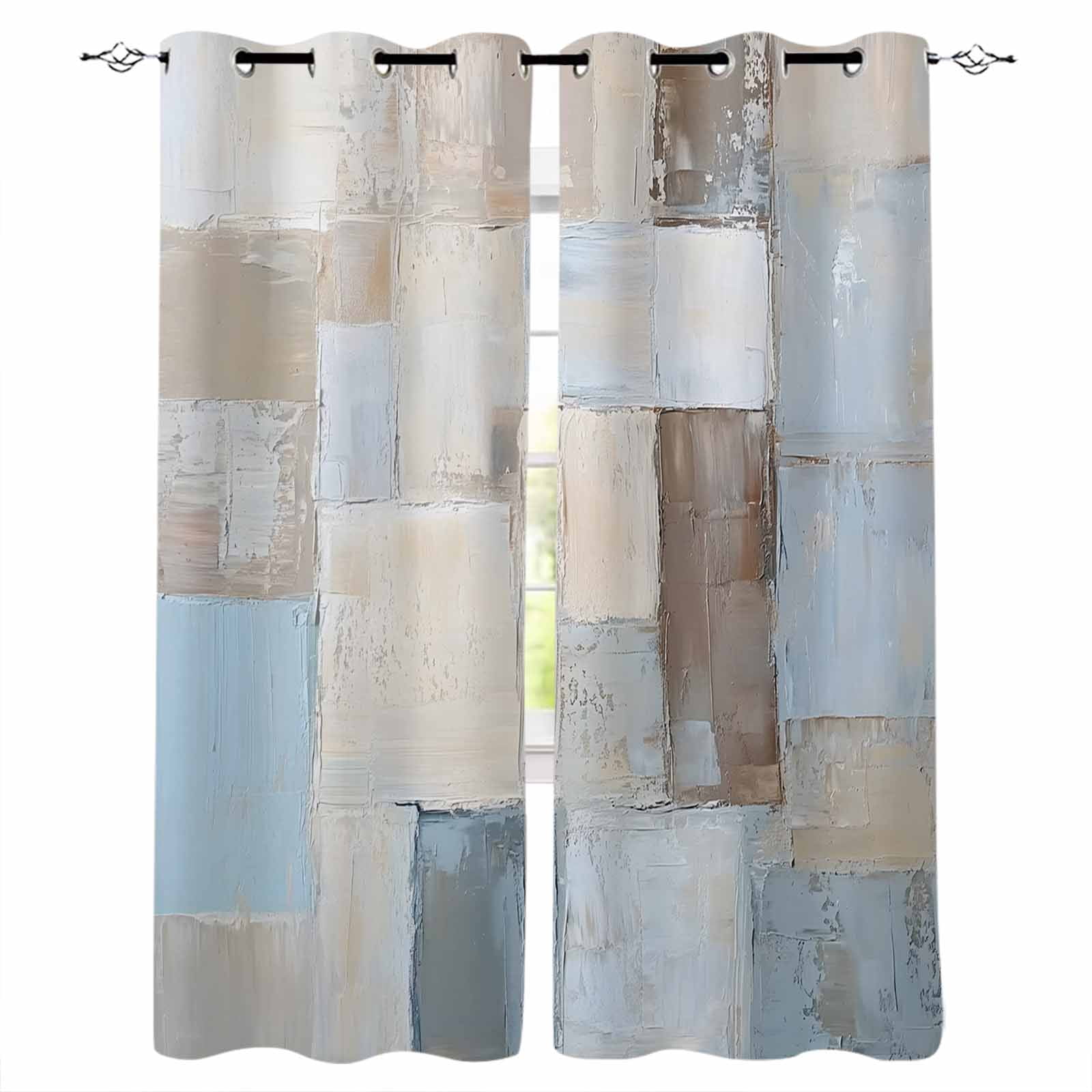 Blue Brown Abstract Kitchen Curtains Oil Painting Simple Geometric Art ...