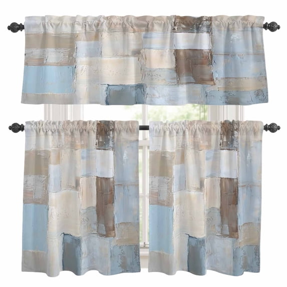 Blue Brown Abstract Kitchen Curtains Sets for Windows 24 Inch Length, Oil Painting Simple Geometric Art Rod Pocket Window Treatments Tier Curtains and Valances Set for Bedroom/Bathroom
