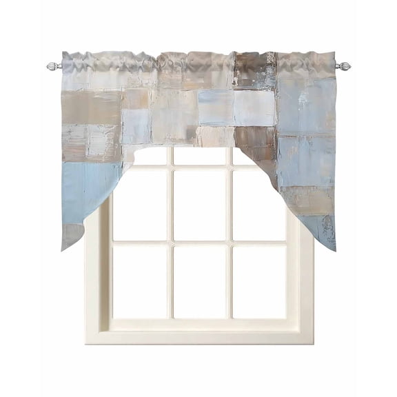 Blue Brown Abstract Kitchen Swag Valances for Windows, Oil Painting Simple Geometric Art Swag Valances Curtains for Living Room, Rod Pocket Window Treatments for Bathroom, Bedroom, Cafe, 56"x36"