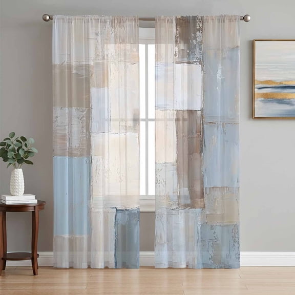 Blue Brown Abstract Sheer Curtains 63 Inch Length 2 Panels Set, Oil Painting Simple Geometric Art Voile Window Treatment Rod Pocket Curtains Sheers Drapes for Bedroom/Living Room/Kitchen 52x"63"x2
