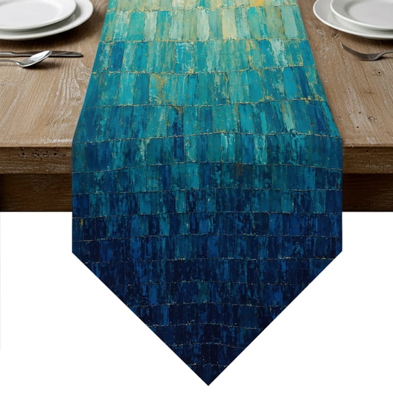 Blue Brown Abstract Table Runner Linen Burlap Table Runner 108 Inches Long Boho Ombre Tile Mottled Modern Art Dresser Scarves for Kitchen Island Coffee Dining Room Party Holiday Decoration 13"x108"