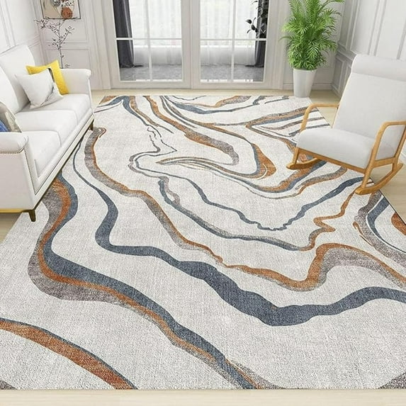 Blue Brown Abstract Water Area Rug, Modern Retro Bohemian Lines Throw Rugs, With Anti-Slip Backing Washable Indoor Carpet For Living Room Bedroom Study Dining Room 1x2ft