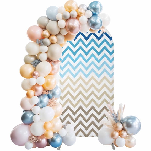 Blue Brown Arch Backdrop Cover 5Ft, Wedding Arch Covers Stretchy Backdrop, Modern Chevron Waves Khaki Geometric Stripes Fitted 2 Sided Arched Photo Background for Birthday Party Decorations