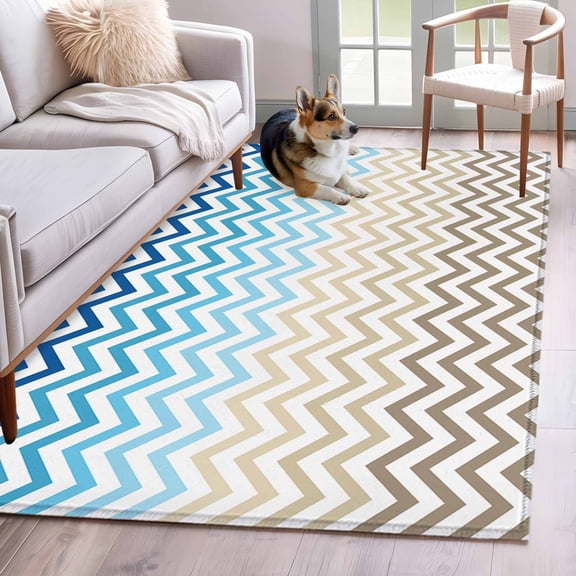 Blue Brown Area Rug 3x5 Washable Rug Non Slip Modern Chevron Waves Khaki Geometric Stripes Large Area Rug Indoor Floor Carpet for Entryway Bedroom Kitchen Living Room Home Office Dining Room Nursery