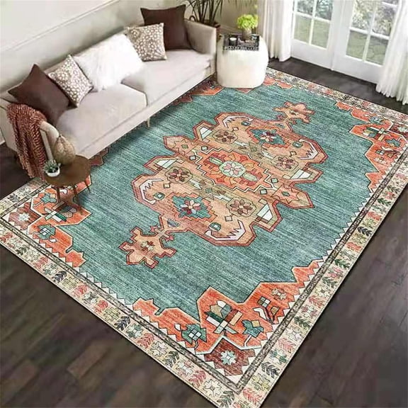 Blue Brown Area Rugs Block, Geometric Vintage Style Apartment Carpet, Lounge Rug Pattern Clear Comfortable Feet Soft Feel Apply to Entryway Hallway Bedroom Living Room Bath Mat,4'x7'