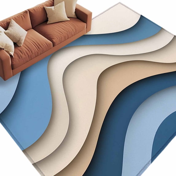 Blue Brown Area Rug 5x7ft Ocean Wave Abstract Ombre Geometric Modern Non-Slip Washable Square Rugs Soft Felt Indoor Floor Mat for Bedroom Kitchen Living Room Bathroom