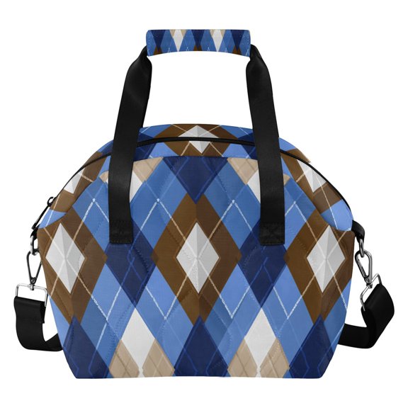 Blue Brown Argyle Style Pattern Plaids Insulated Lunch Bag Reusable Quilted Lunch Box Waterproof Leakproof Lunch Container