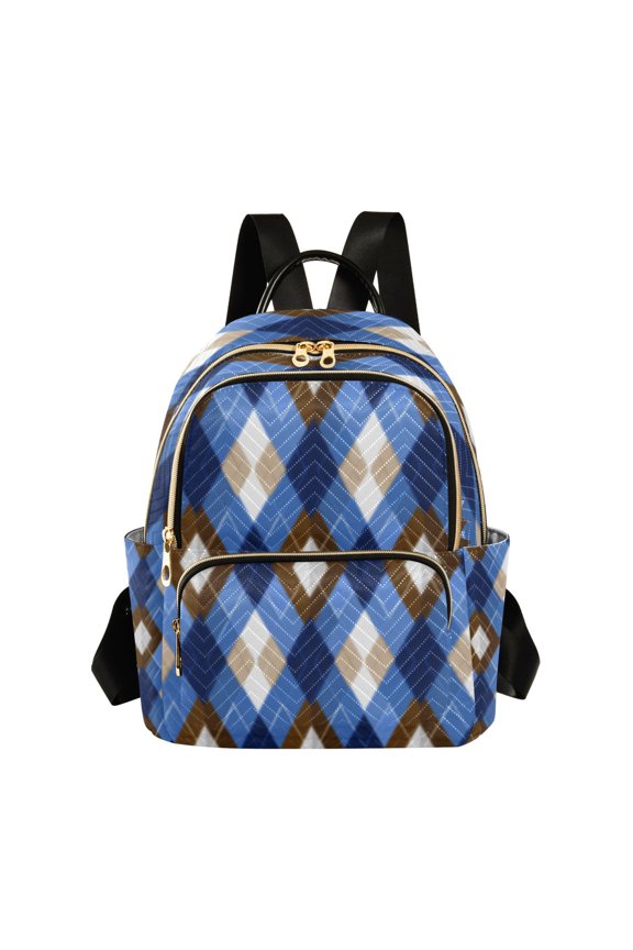 Blue Brown Argyle Style Pattern Plaids Quilted Backpack Fashion Daypack Commuter Bag for Women 8.5 L