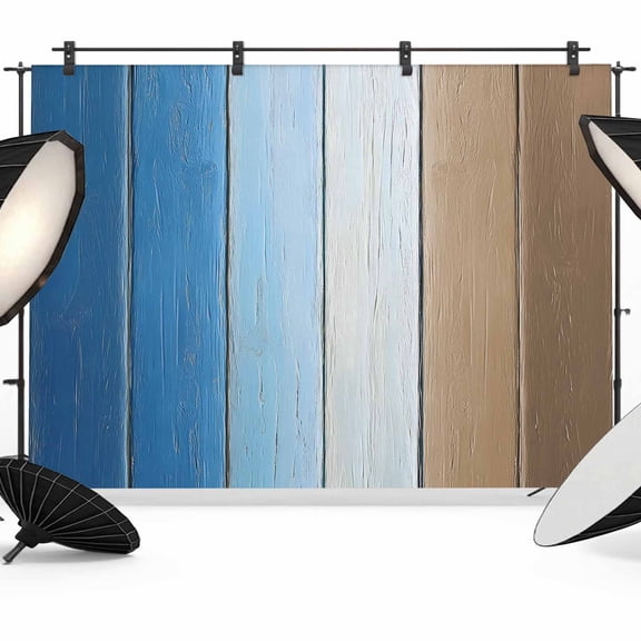 Blue Brown Backdrop for Photoshoot,Photography Photo Studio Background Wall Backdrop,Gradient Wood Grain Farmhouse Country Back Drop Banner Panel for Portraits Wedding Party Live Streaming 10x8Ft