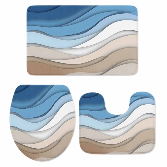 Blue Brown Bath Mat 3 Piece Bathroom Rug Set, Gradient Geometric White Water Stripes Modern Non Slip Bath Rug Contour Mat and Toilet Lid Cover, Absorbent Shower Mats Soft Bath Rugs and Mats Sets