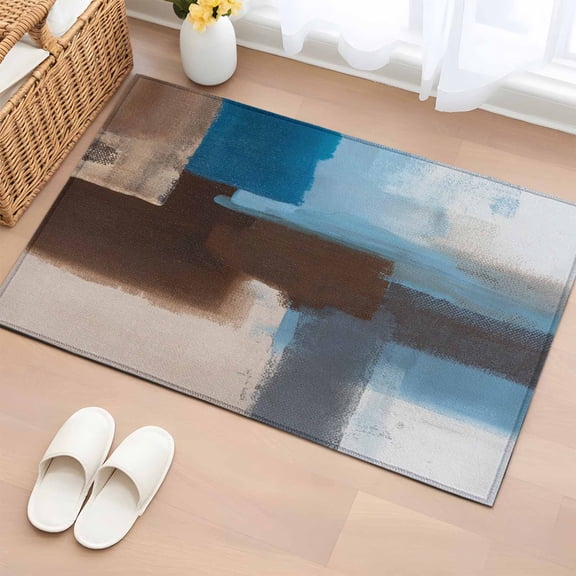 Blue Brown Bathroom Rug Washable 2x3 Entryway Rug Non Slip Ombre Abstract Street Art Mottled Texture Front Door Mat Low Pile Indoor Doormat Throw Floor Carpet for Kitchen Bedroom Entrance