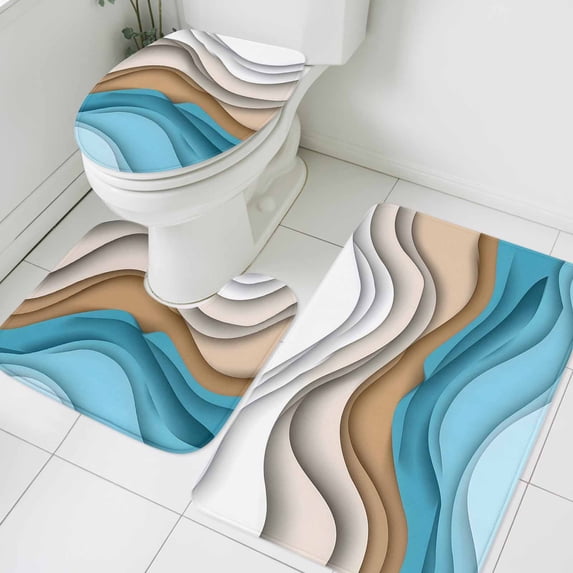 Blue Brown Bathroom Rugs Set Abstract Gradient Ocean Wave Modern Geometric Non Slip Absorbent Soft Bath Mats 3 Piece Set with Bathroom Rug, U-Shaped Floor Mat, Toilet Seat Cover Small Size