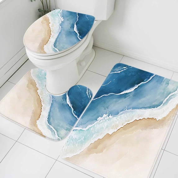Blue Brown Bathroom Rugs Set Waves Watercolor Gradient Abstract Beach Non Slip Absorbent Soft Bath Mats 3 Piece Set with Bathroom Rug, U-Shaped Floor Mat, Toilet Seat Cover Large Size