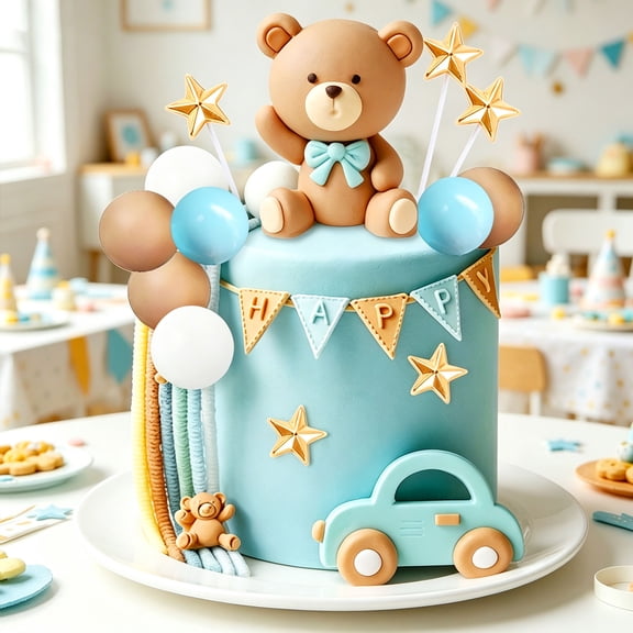 Blue Brown Bear Cake Topper Set - Cute Star Auto Balloon Theme Party Decorations