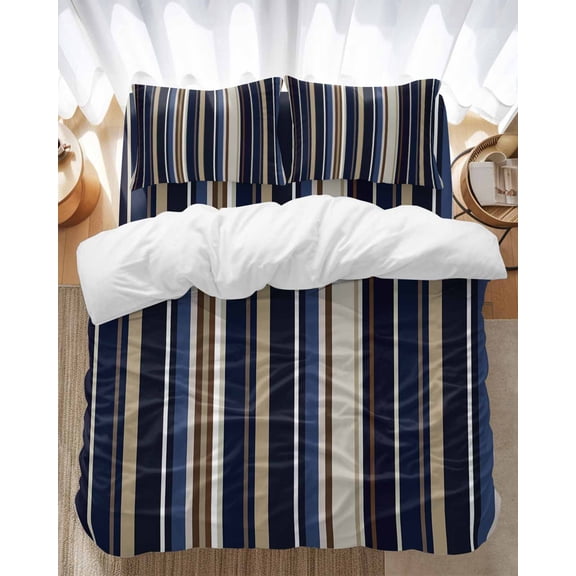 Blue Brown Bedding Duvet Cover Set Full Size 4 Pieces Stripes Soft Twill Plush Quilt Cover, Include 1 Duvet Cover 1 Flat Sheet And 2 Pillow