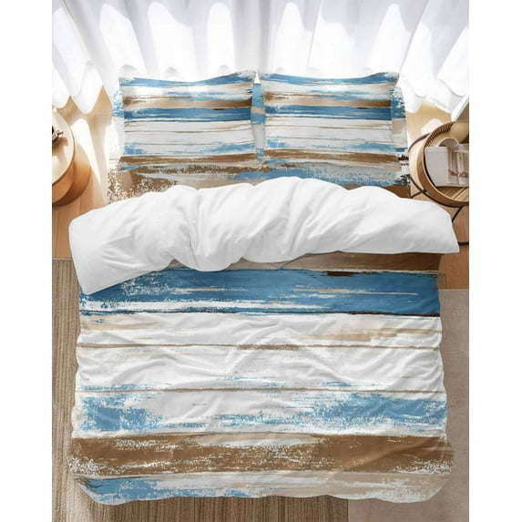 Blue Brown Bedding Duvet Cover Set Queen Size 4 Pieces Wood Grain Oil Painting Vintage Abstract Art Bedding Set with Zipper Closure, 1 Comforter Cover 90x92 Inches 1 Flat Sheet & 2 Pillow Cases